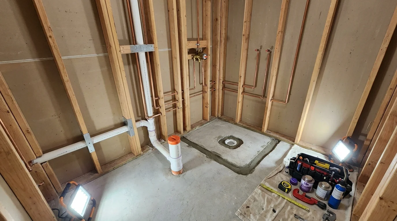 Bathroom rough-in plumbing during remodel by Johns Plumbing LLC in Welch