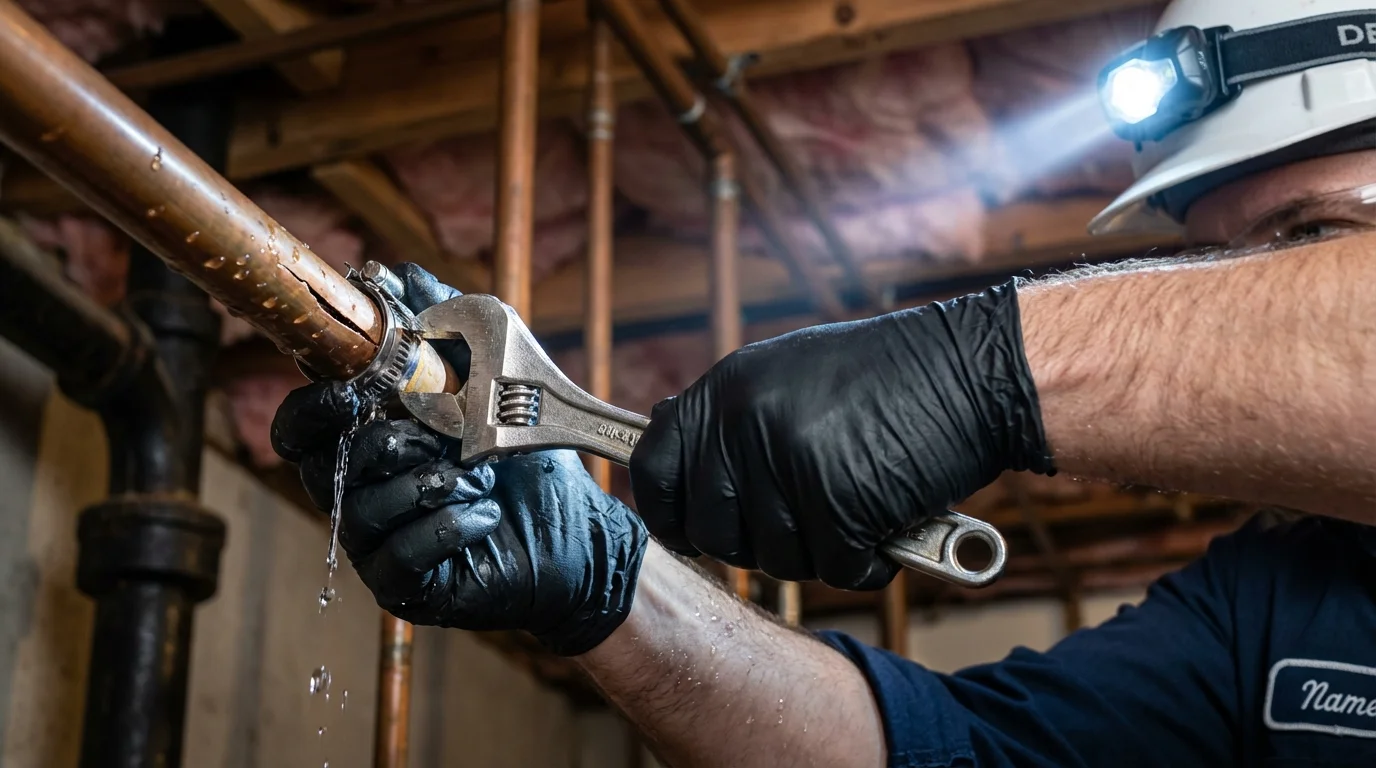 Emergency pipe clamp repair being performed by a Johns Plumbing LLC plumber in Welch