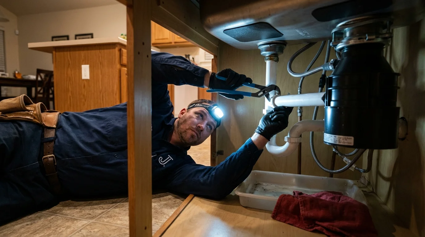 P-trap and supply line connections under a kitchen sink showing a common leak point in Welch, WV